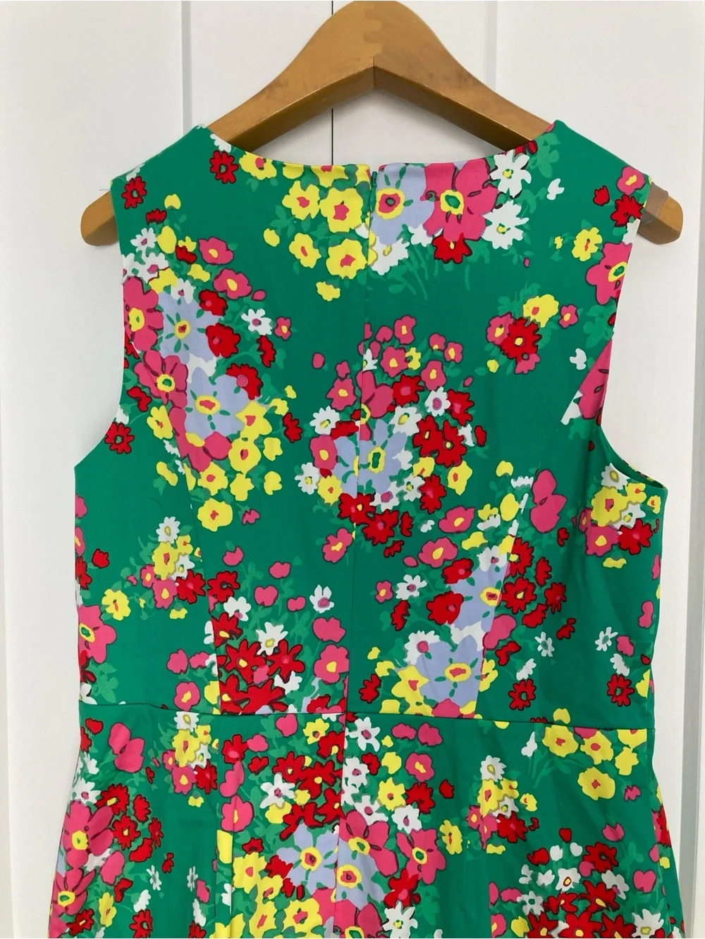 Talbots Green Floral Dress with Bright Multicolor Bloom Print and Ruffle Hem